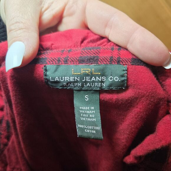 LRL Lauren Jeans Ruffled Mock Neck Top Size S Red‎ & Black Classic Plaid Cotton - Picture 8 of 8